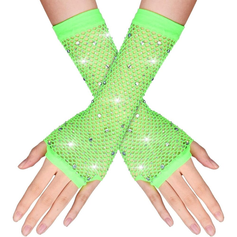 Women's Green Punk Fish Net Arm Sleeve Rhinestone Gloves Costume Halloween